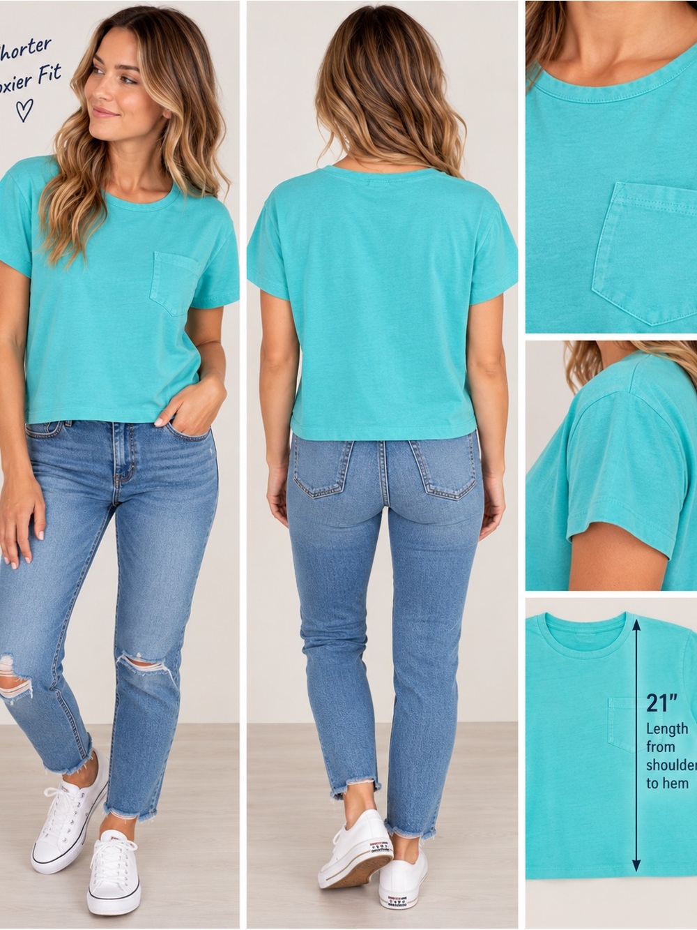 J.Crew Factory Aqua Teal Boxy Pocket Tee Size M 100% Cotton
